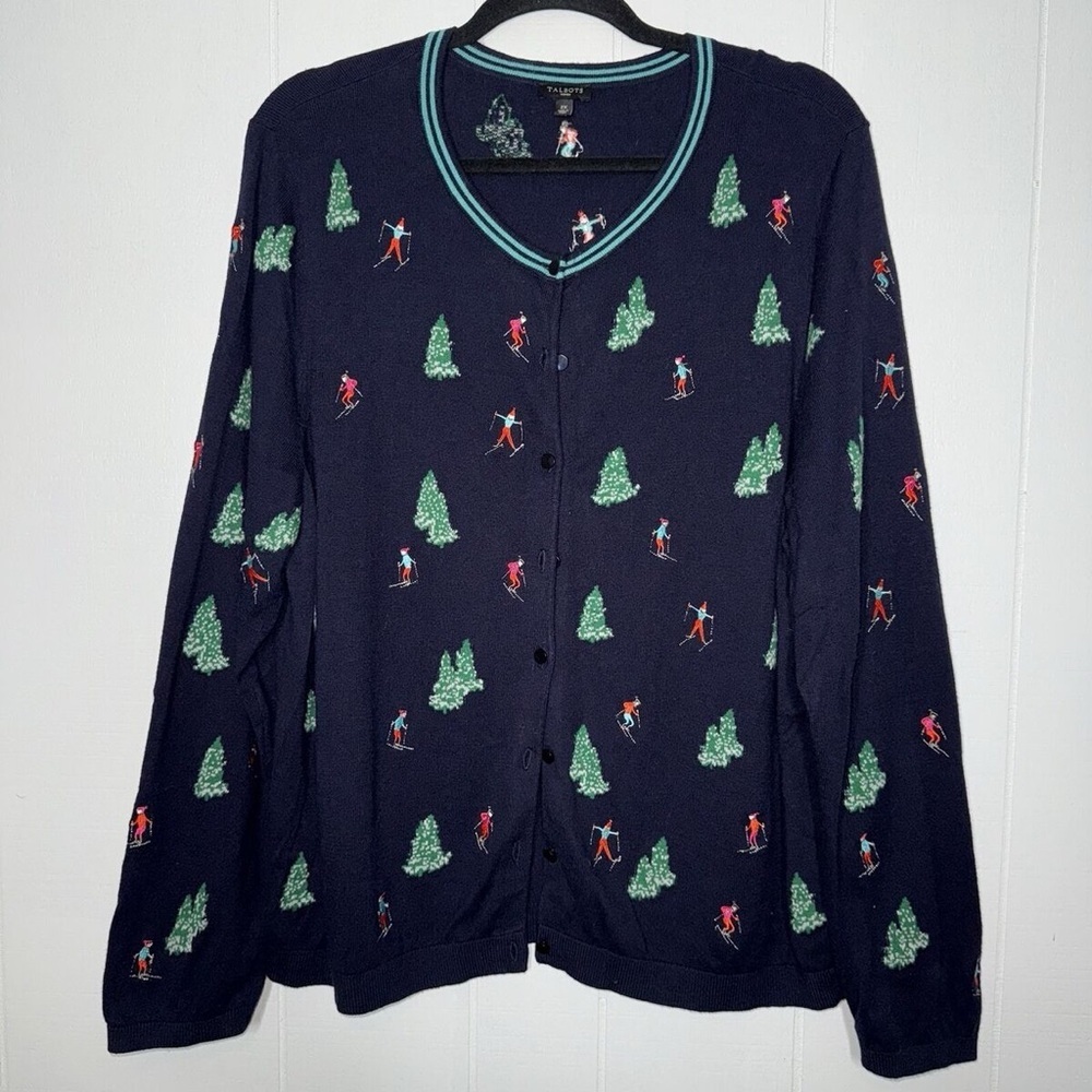 Talbots women’s petites Cardigan Sweater Apres Ski Embroidered Blue